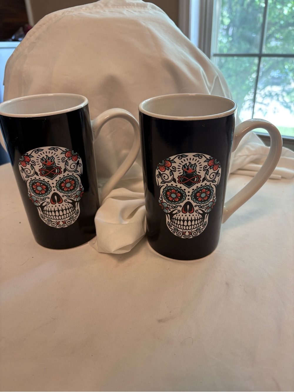 Oversized Day of the Dead Black Sugar Skull Ceramic Coffee Mugs - Set of 2
